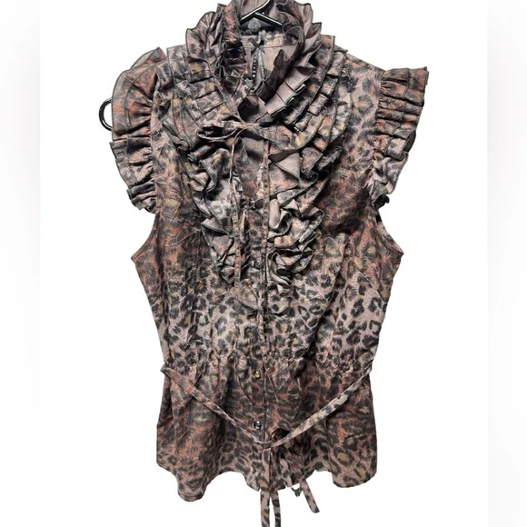 Lapis animal print cheetah ruffle belted sleeveless blouse top button front M - Picture 1 of 8